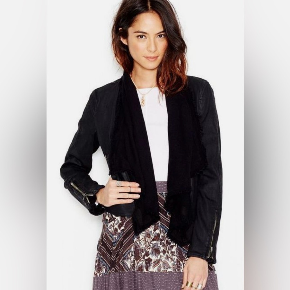Free People drape front coated denim jacket in black size 4 - Picture 2 of 10